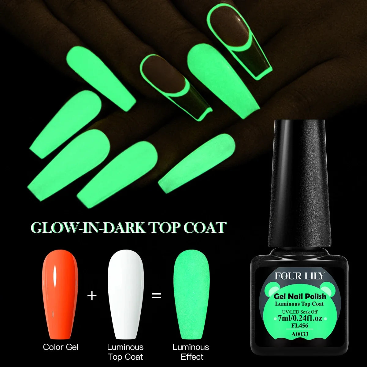 Vernis à ongles gel semi-permanent Four Lily 7 ml, finition lumineuse fluorescente phosphorescente, à dissoudre sous une lampe UV/LED.