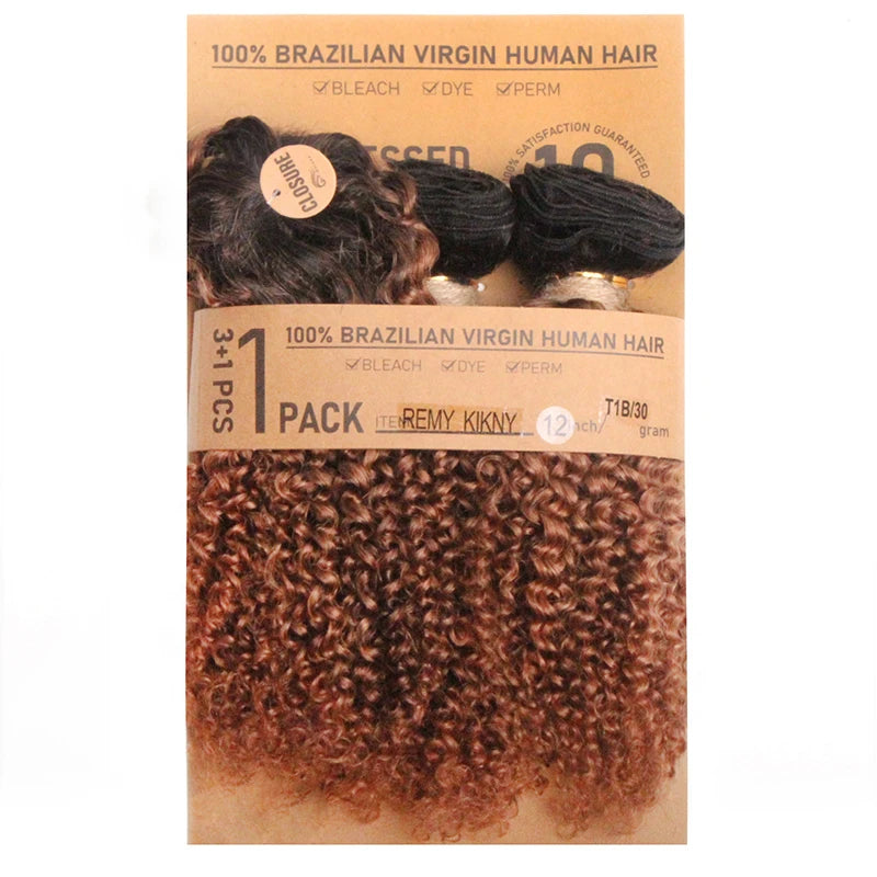 Kinky Curly Human Hair Bundles Short Brazilian Hair Weaves 3 Bundles With Closure Natural Black Curly Bundles With Closure