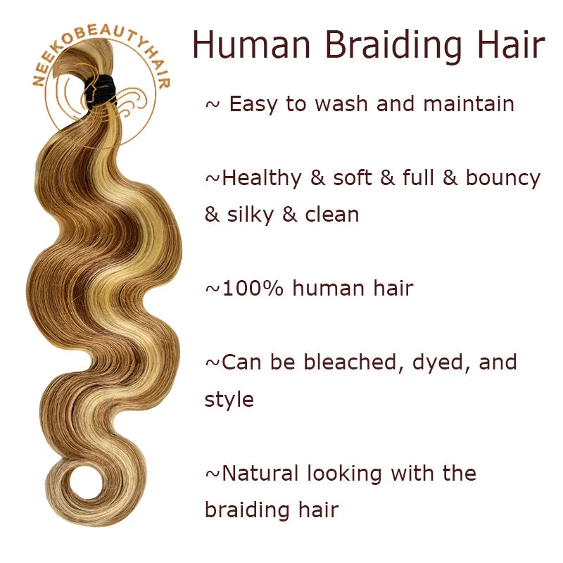 Honey Blonde Highlight Bulk Human Hair 1 Bundles/Pack 100g 18 Inch Body Wave Knotless BOHO Braids Human Hair Braiding Hair