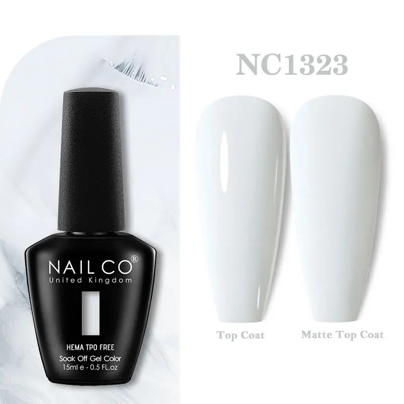 Vernis à ongles gel NAILCO 283 couleurs, base et top coat, semi-permanent, UV, pour nail art et manucure hybride.