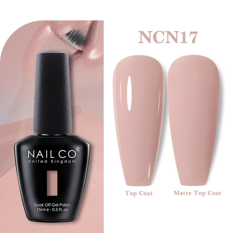 Vernis à ongles gel NAILCO 283 couleurs, base et top coat, semi-permanent, UV, pour nail art et manucure hybride.