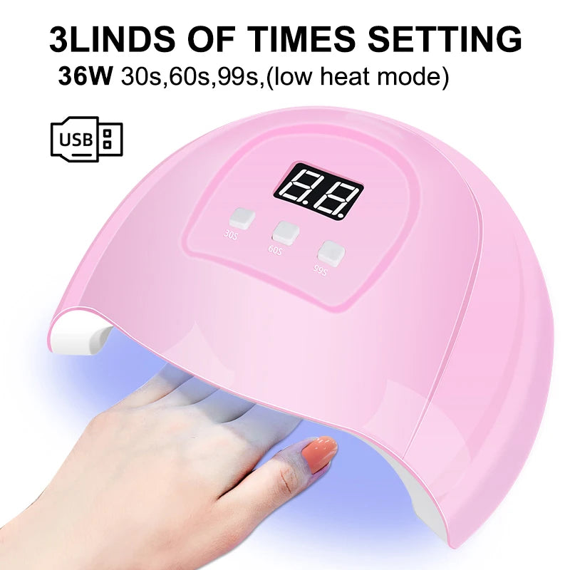 Kit de vernis à ongles semi-permanent avec lampe UV/LED et outils de manucure.