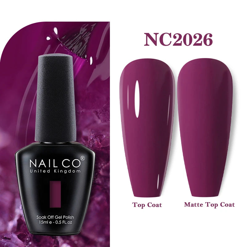 Vernis à ongles gel NAILCO 283 couleurs, base et top coat, semi-permanent, UV, pour nail art et manucure hybride.