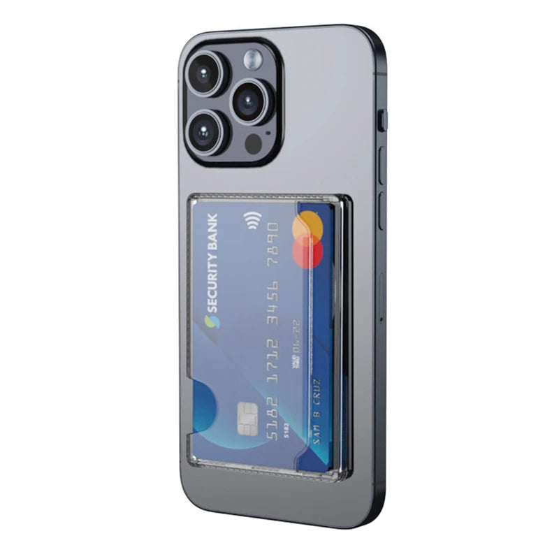 Étui portefeuille magnétique transparent avec porte-cartes pour coque MagSafe, compatible iPhone 15 Pro Max, 14 Plus, 13 et Samsung S24 Ultra. Emplacements pour cartes magnétiques.