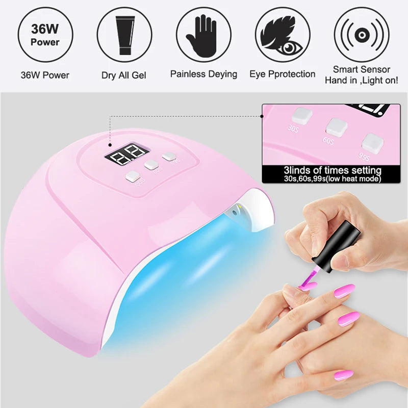 Kit de vernis à ongles semi-permanent avec lampe UV/LED et outils de manucure.