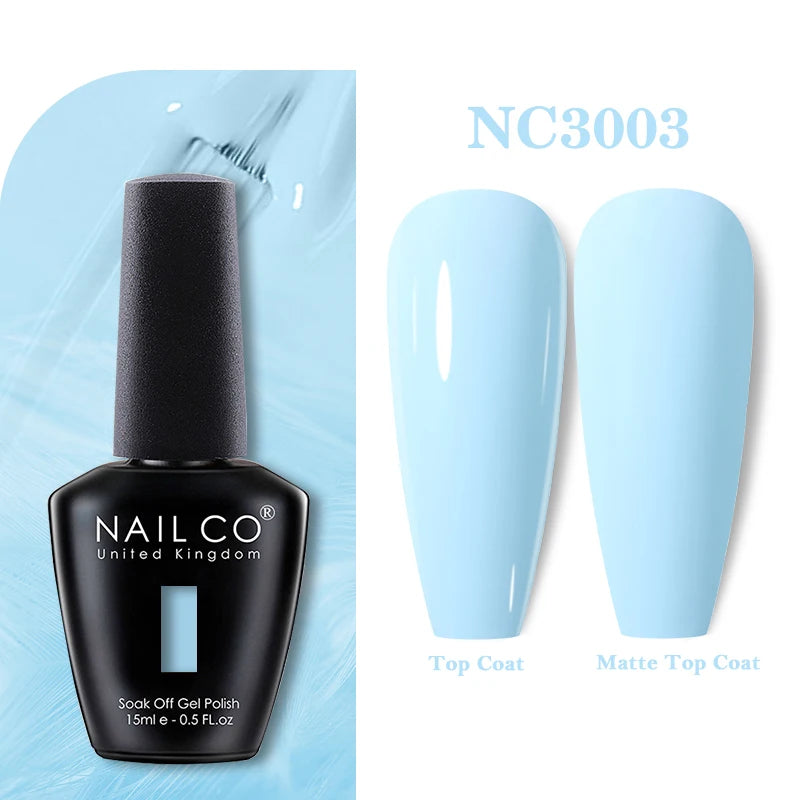 Vernis à ongles gel NAILCO 283 couleurs, base et top coat, semi-permanent, UV, pour nail art et manucure hybride.