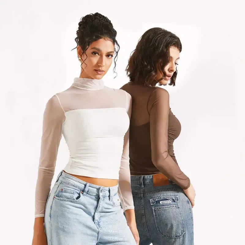 Transparent Mesh T-shirts Women Streetwear Solid Color Aesthetic Clothes Long Sleeve Ropa Mujer Slim Fit Office Lady Outfits