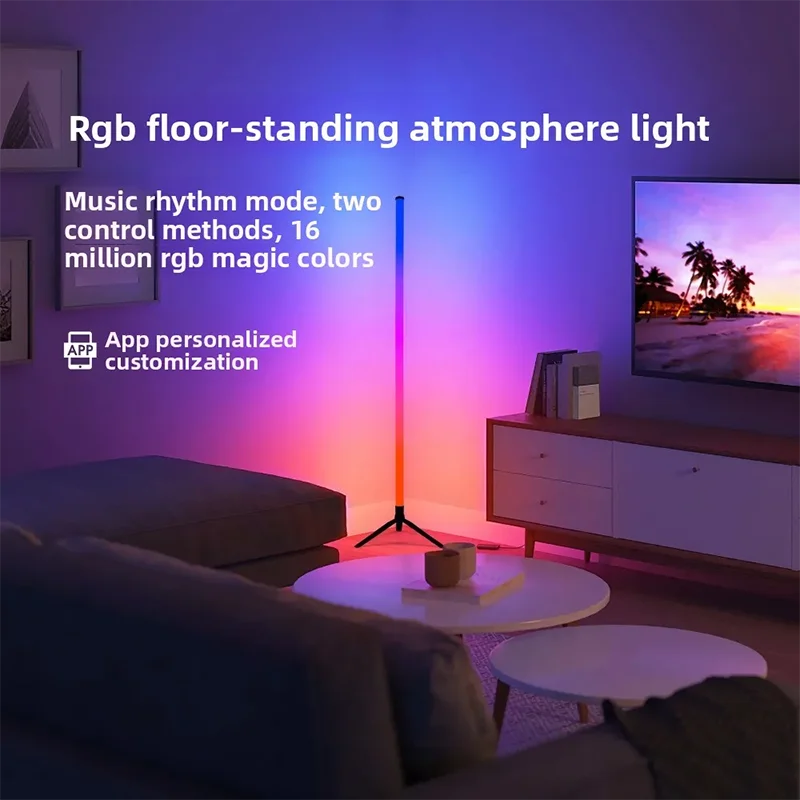 Lampadaire d'angle intelligent RGB avec application et télécommande, éclairage d'ambiance LED à intensité variable pour salle de jeux, salon ou chambre.