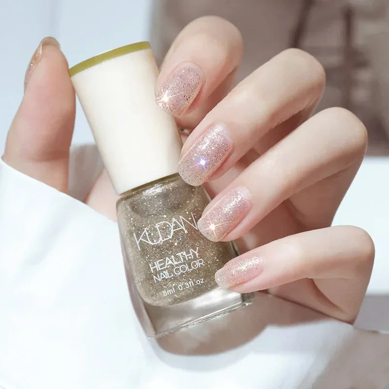 Vernis à ongles sans lampe UV, blanc à fines paillettes, sans cuisson, sans décollement, base huileuse transparente et brillante, couleur nude
