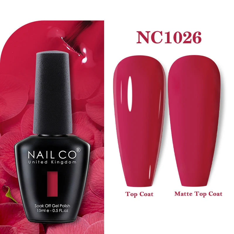 Vernis à ongles gel NAILCO 283 couleurs, base et top coat, semi-permanent, UV, pour nail art et manucure hybride.