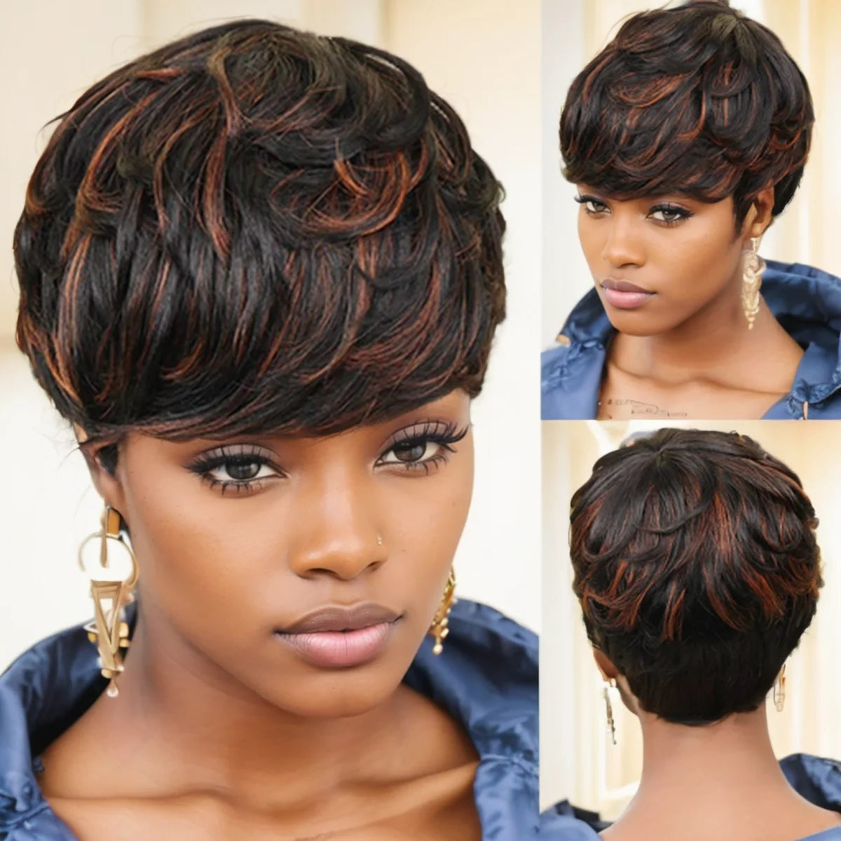 Perruque synthétique WIGERA Highlight, coupe pixie courte et lisse, style bob, mélange miel doré et noir, pour femme