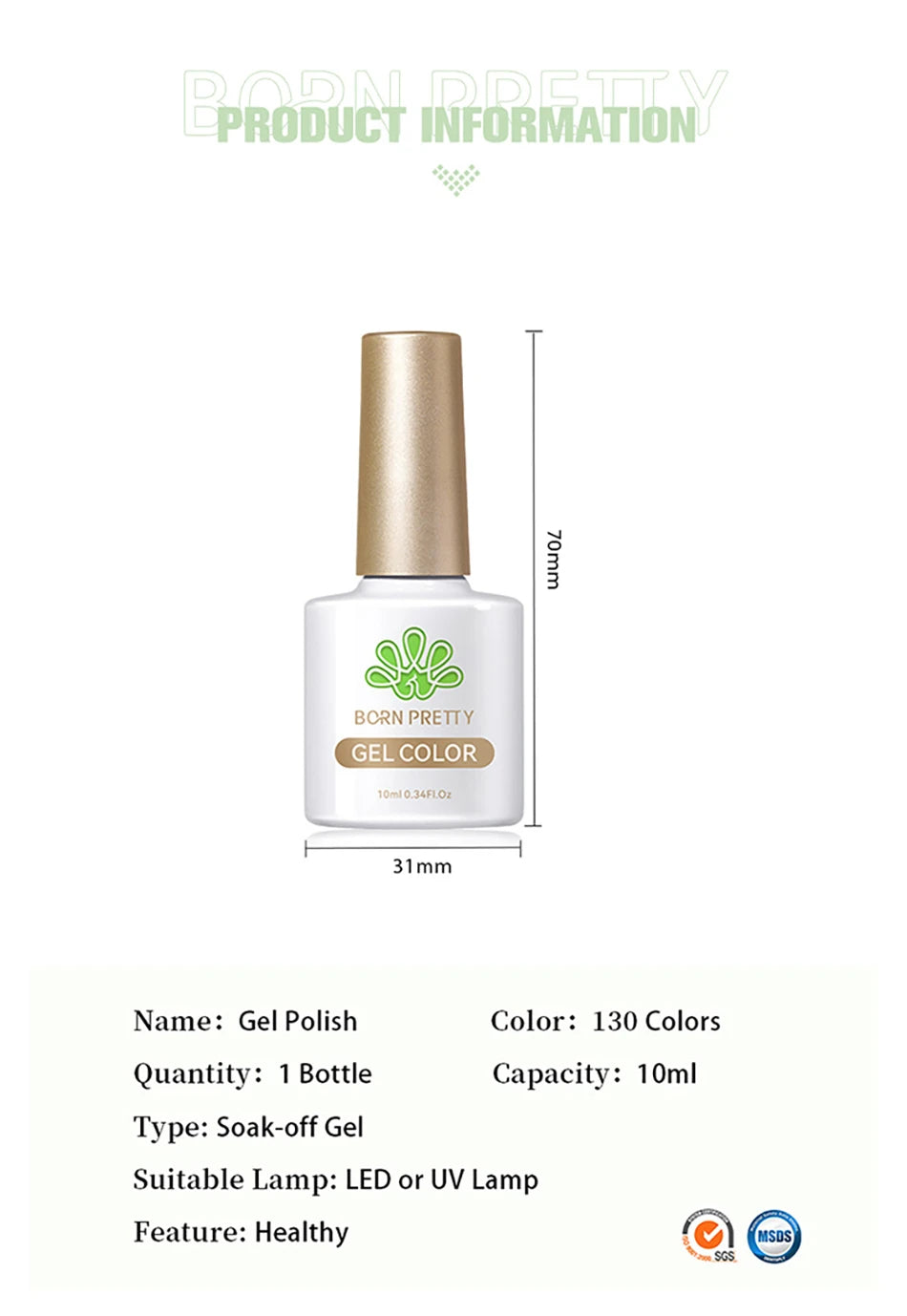Vernis à ongles gel BORN PRETTY 10 ml, 130 couleurs, semi-permanent, semi-dissolvable, UV, base et top coat.