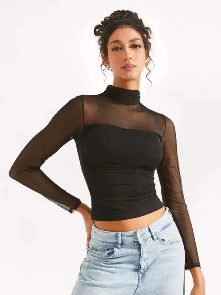 Transparent Mesh T-shirts Women Streetwear Solid Color Aesthetic Clothes Long Sleeve Ropa Mujer Slim Fit Office Lady Outfits