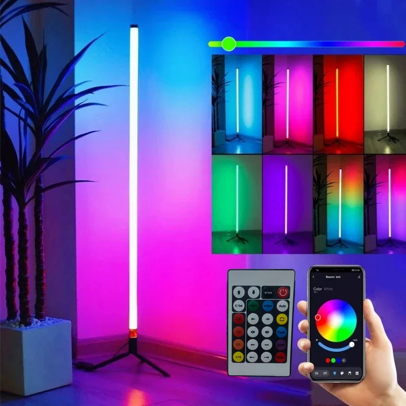 Lampadaire d'angle intelligent RGB avec application et télécommande, éclairage d'ambiance LED à intensité variable pour salle de jeux, salon ou chambre.
