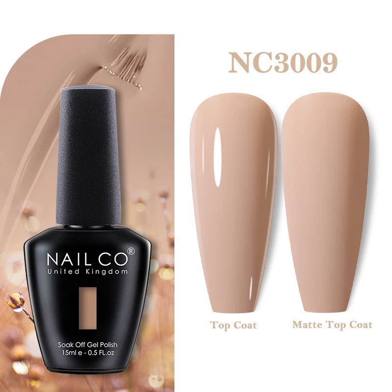 Vernis à ongles gel NAILCO 283 couleurs, base et top coat, semi-permanent, UV, pour nail art et manucure hybride.