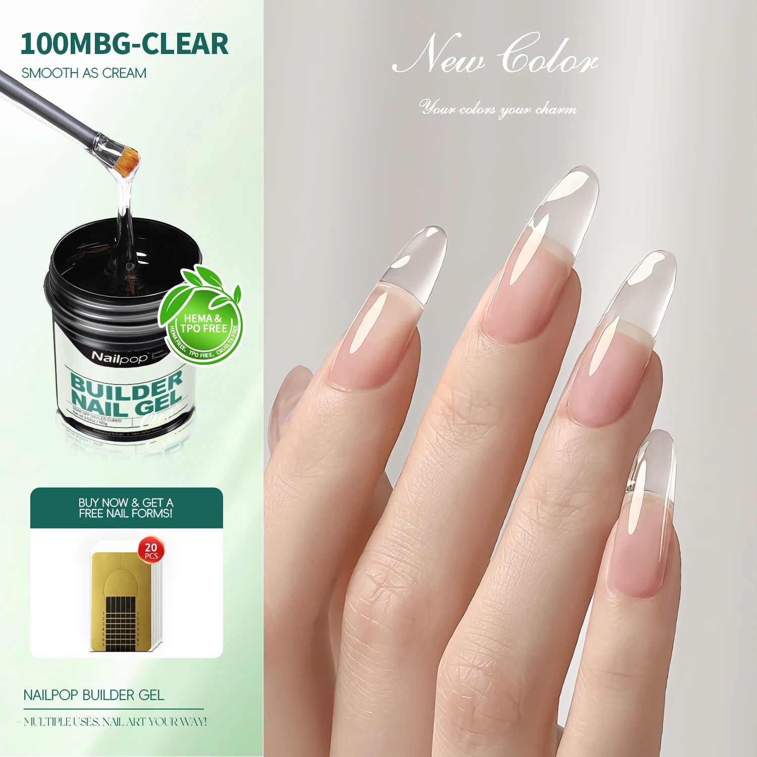 Nailpop Gel Dur Lisse et Laitonné 30/100g Gel UV pour Ongles, Extension Rapide, Longue Tenue, Gel de Construction, Manucure Nail Art
