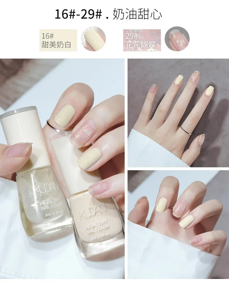 Vernis à ongles sans lampe UV, blanc à fines paillettes, sans cuisson, sans décollement, base huileuse transparente et brillante, couleur nude