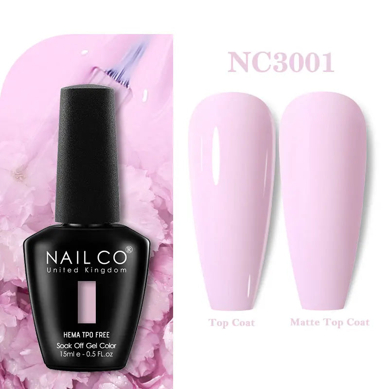 Vernis à ongles gel NAILCO 283 couleurs, base et top coat, semi-permanent, UV, pour nail art et manucure hybride.