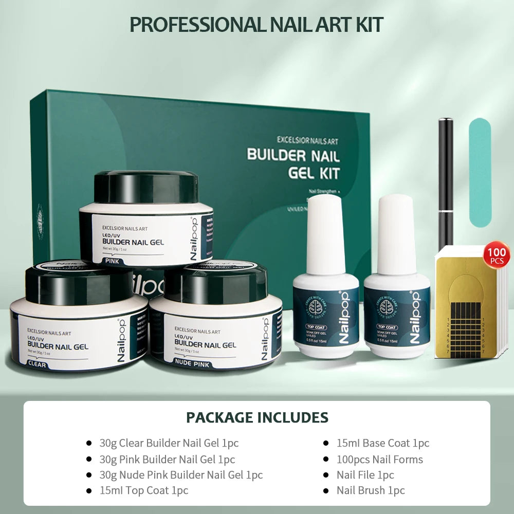 Kit professionnel de gel de construction - 3 couleurs (transparent, rose, nude) avec outils