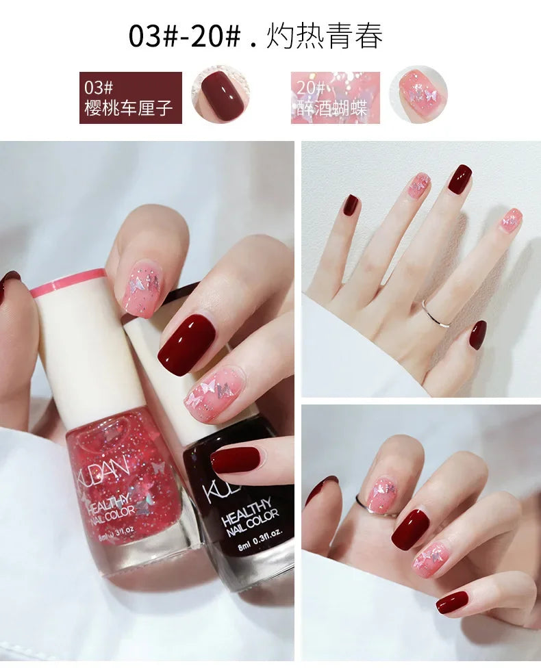 Vernis à ongles sans lampe UV, blanc à fines paillettes, sans cuisson, sans décollement, base huileuse transparente et brillante, couleur nude
