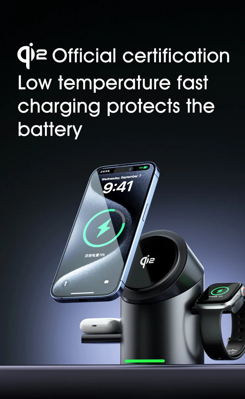 Chargeur sans fil magnétique intelligent Qi2 3 en 1 de 15 W avec rotation automatique pour Android, iPhone, iWatch et AirPods, station de charge rapide MagSafe