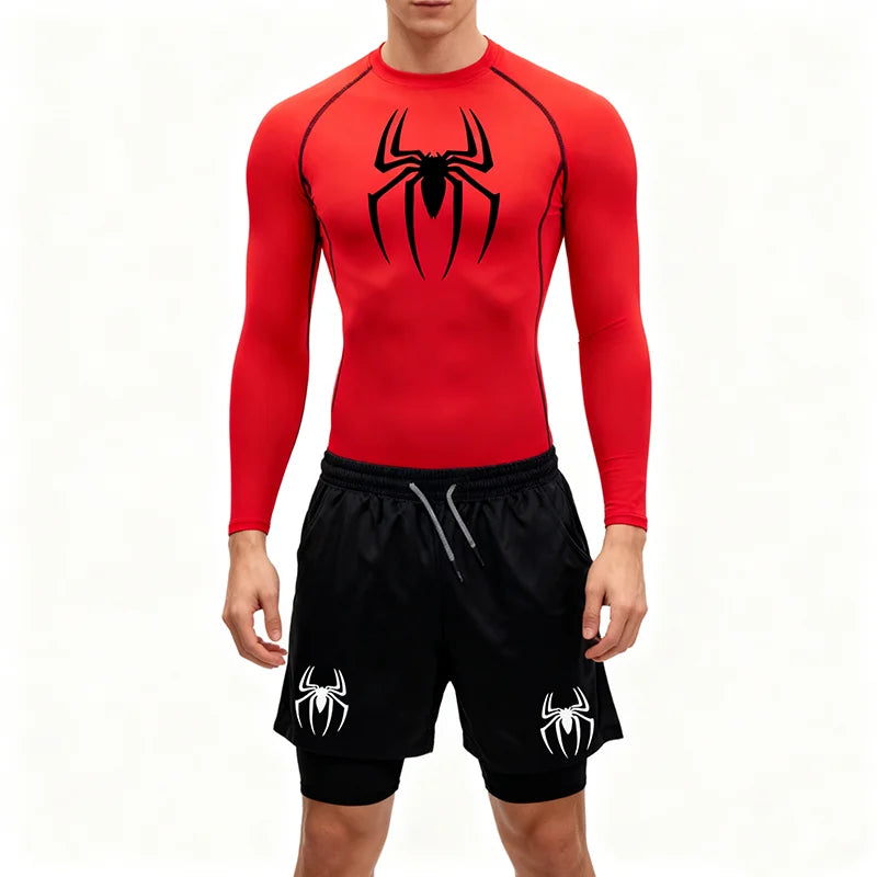 Spring and Autumn Men's Sports Set Quick drying Training Clothes Spider Printed Fitness Top Performance Shorts Gym Casual Sports