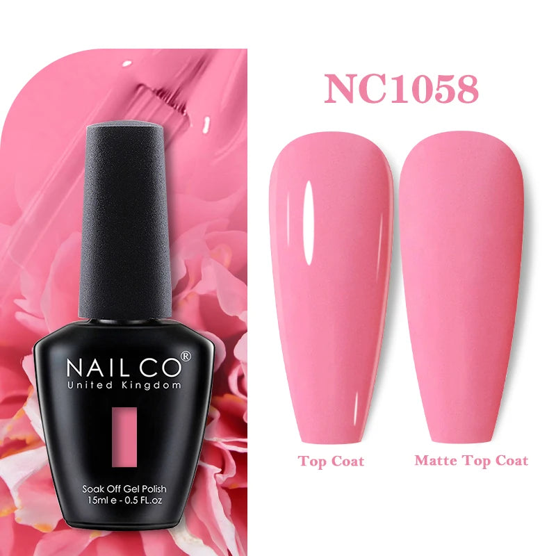 Vernis à ongles gel NAILCO 283 couleurs, base et top coat, semi-permanent, UV, pour nail art et manucure hybride.
