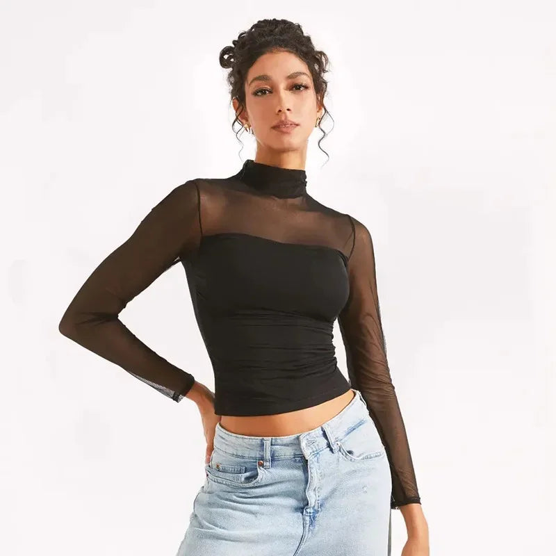 Transparent Mesh T-shirts Women Streetwear Solid Color Aesthetic Clothes Long Sleeve Ropa Mujer Slim Fit Office Lady Outfits