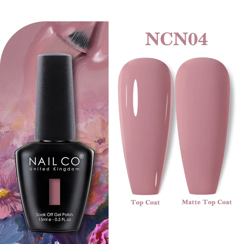 Vernis à ongles gel NAILCO 283 couleurs, base et top coat, semi-permanent, UV, pour nail art et manucure hybride.