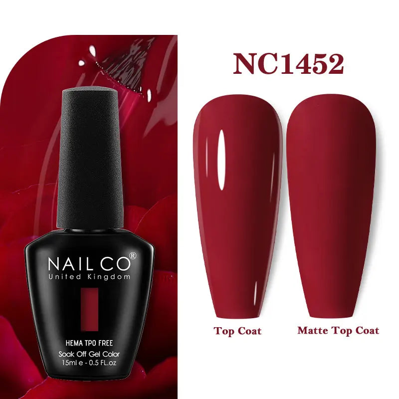 Vernis à ongles gel NAILCO 283 couleurs, base et top coat, semi-permanent, UV, pour nail art et manucure hybride.