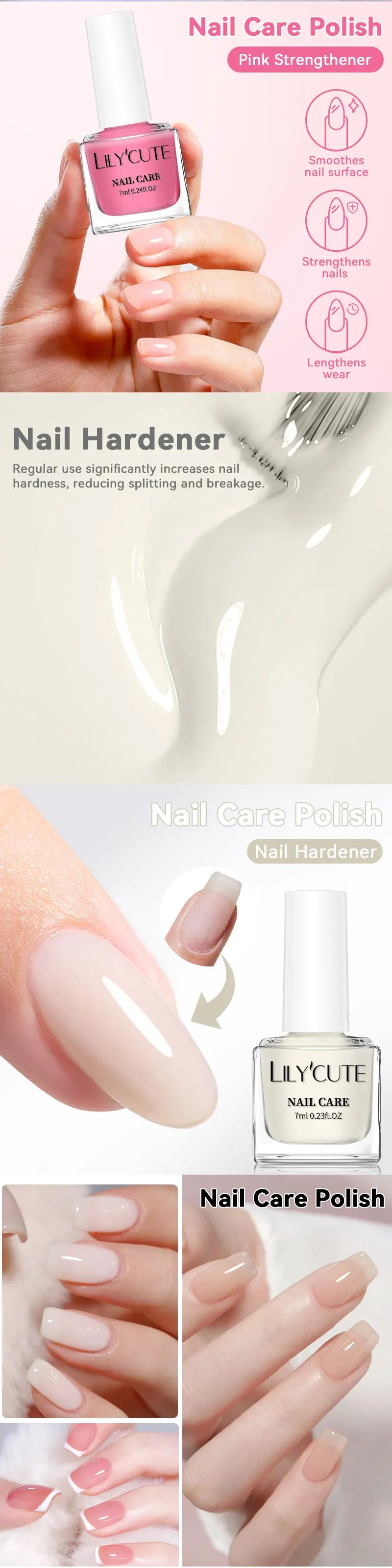 LILYCUTE Nail Strengthener Polish - Milky White Pink Care Varnish 7ML