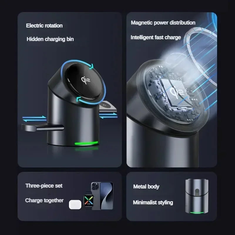Chargeur sans fil magnétique intelligent Qi2 3 en 1 de 15 W avec rotation automatique pour Android, iPhone, iWatch et AirPods, station de charge rapide MagSafe