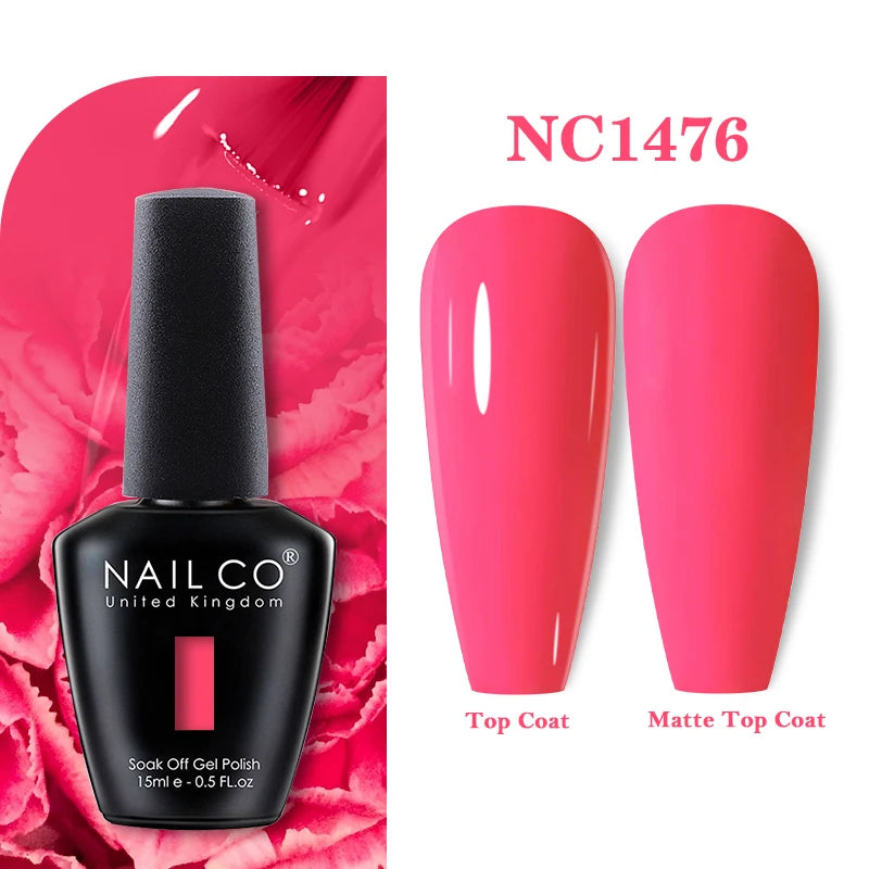 Vernis à ongles gel NAILCO 283 couleurs, base et top coat, semi-permanent, UV, pour nail art et manucure hybride.