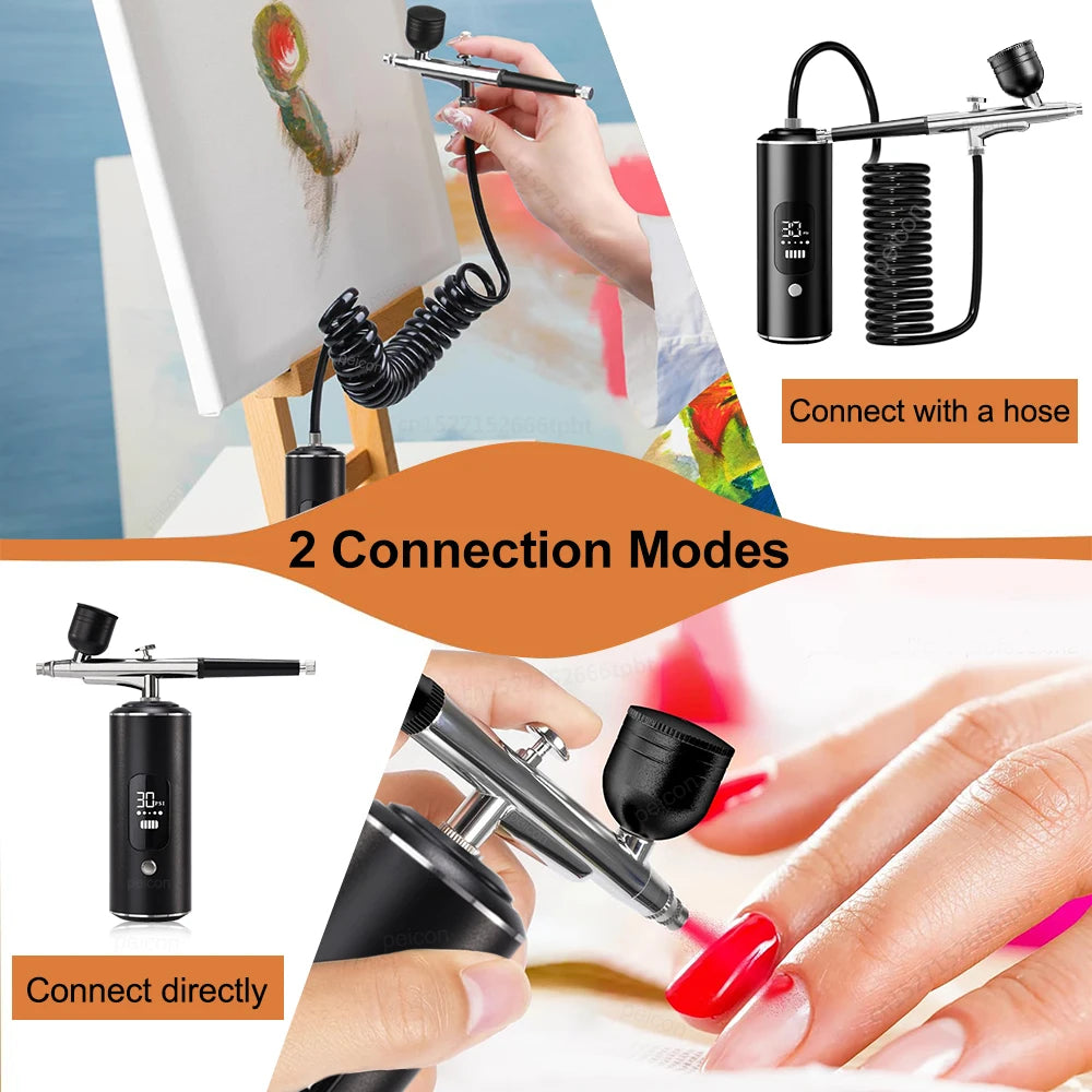 Aérographe portable avec compresseur pour la peinture et le nail art, idéal pour la décoration de gâteaux, le maquillage, les manucures et autres travaux de beauté. Pistolet à peinture portable pour vernis et ongles.