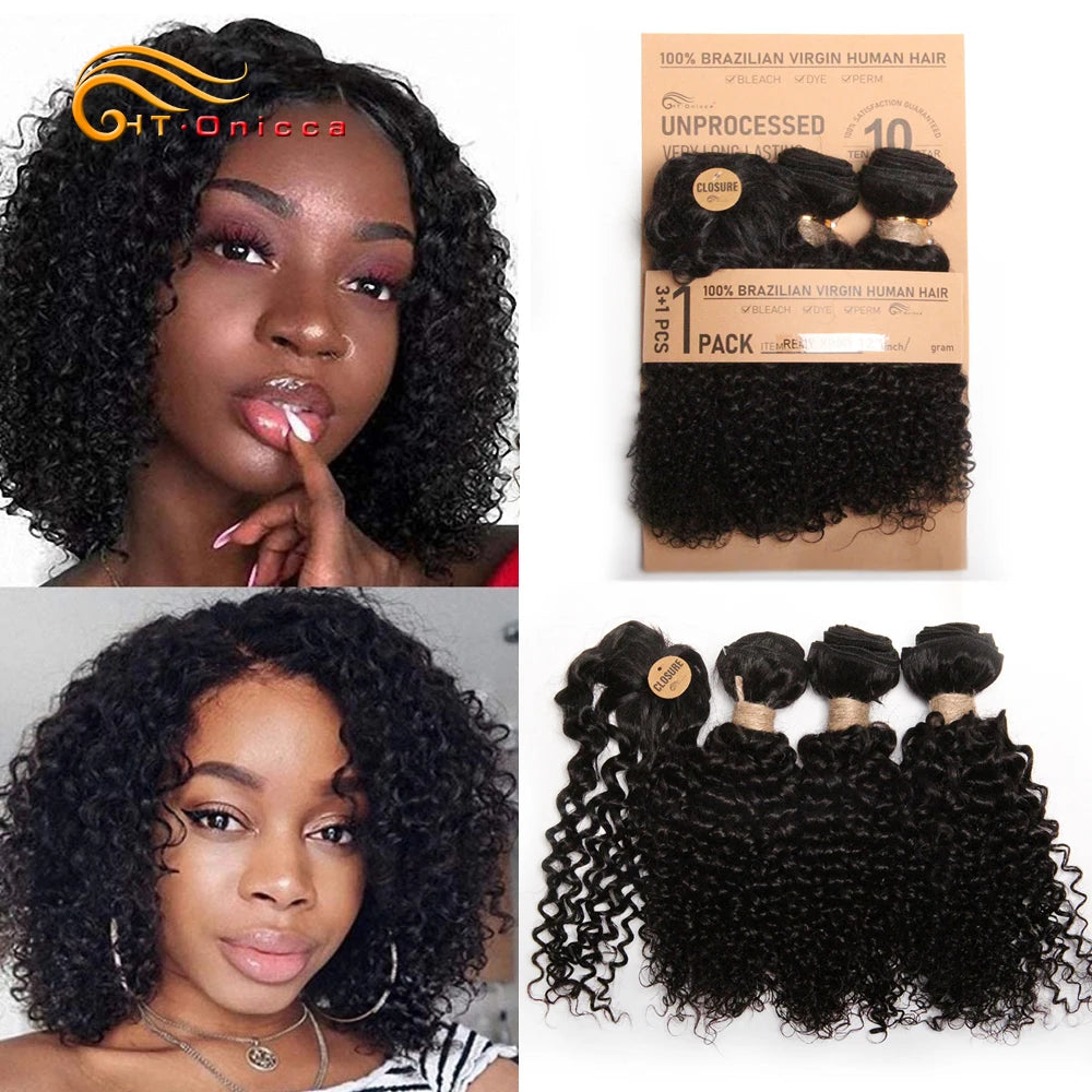 Kinky Curly Human Hair Bundles Short Brazilian Hair Weaves 3 Bundles With Closure Natural Black Curly Bundles With Closure