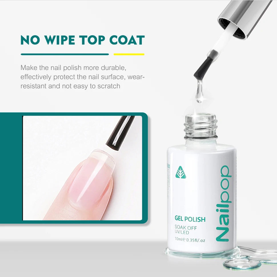 NAILPOP Vernis de finition sans résidu, base, primer, vernis gel UV, rehausseur de design, gel de renforcement, gel semi-permanent, outil de nail art UV/LED