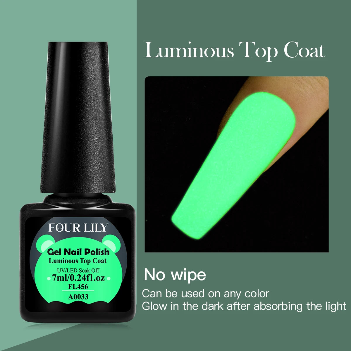 Four Lily 7ml Luminous Top Coat Fluorescent Glow In Dark Gel Nail Polish Semi Permanent Soak Off UV LED Gel Varnish Nail Art Gel