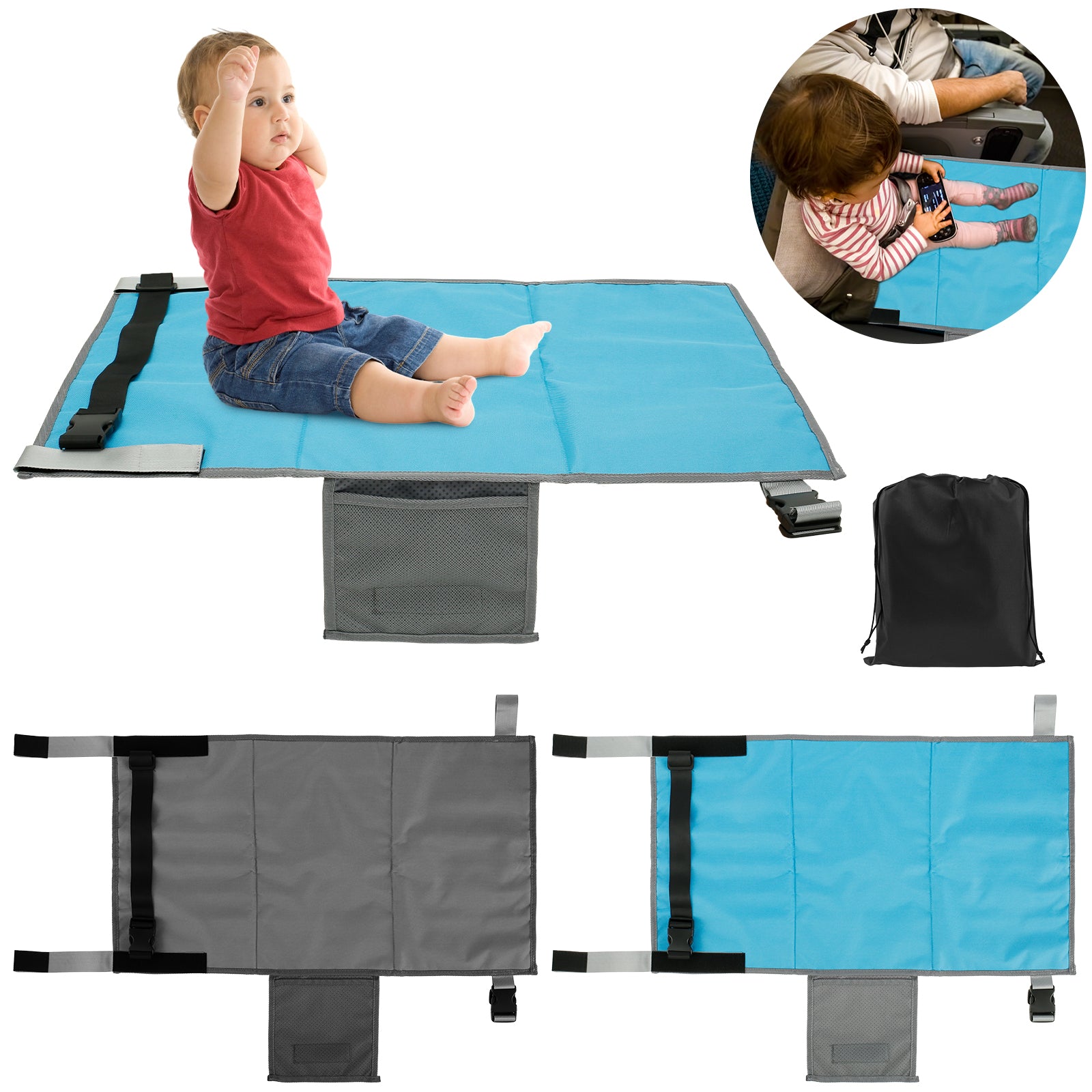 Lit de voyage portable pour enfants, avec repose-pieds et repose-jambes, hamac, et rallonge de siège d'avion pour tout-petits.