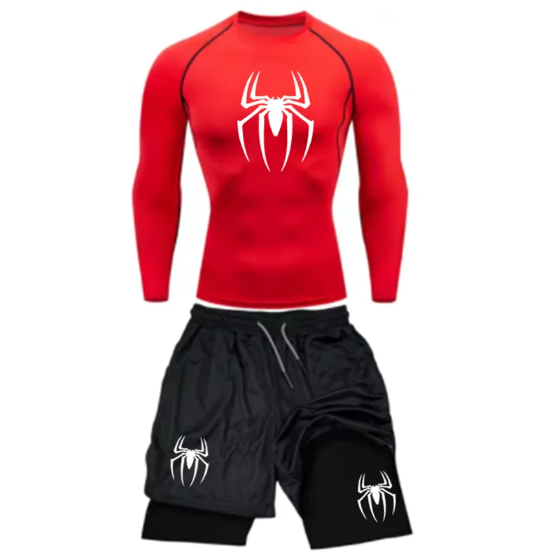 Spring and Autumn Men's Sports Set Quick drying Training Clothes Spider Printed Fitness Top Performance Shorts Gym Casual Sports