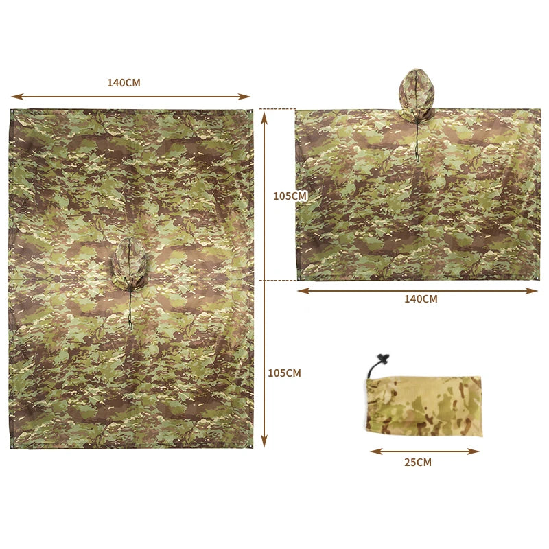 Military Tactical Rain Poncho - Waterproof Multi-Use Shelter & Raincoat