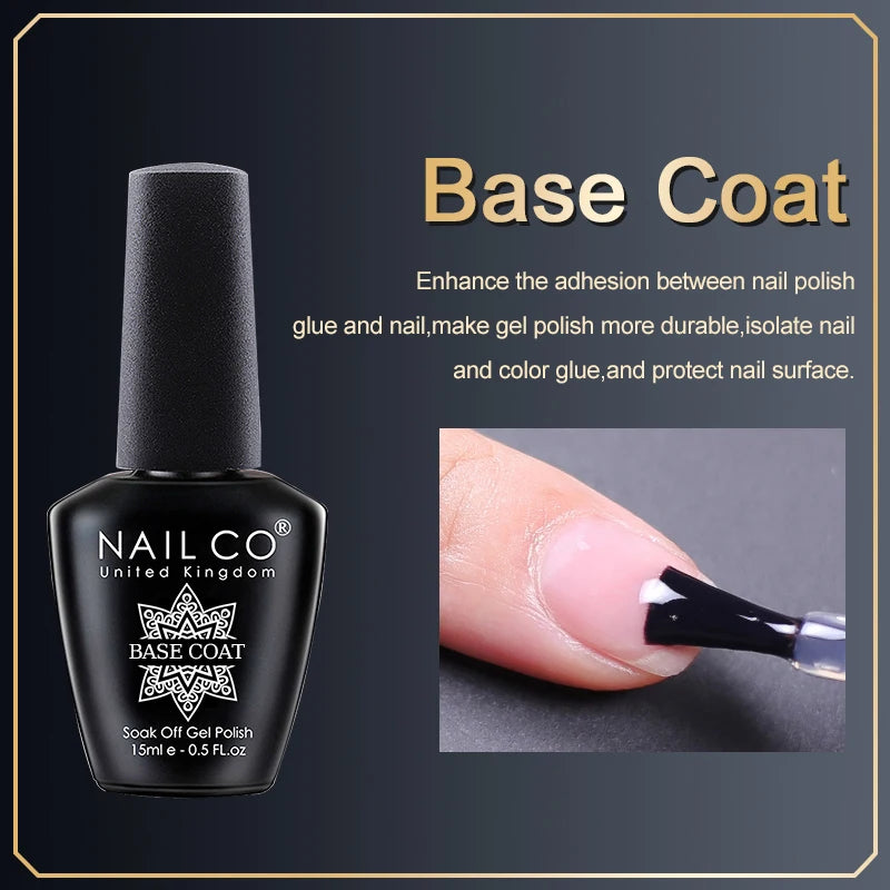 Vernis à ongles gel NAILCO 283 couleurs, base et top coat, semi-permanent, UV, pour nail art et manucure hybride.