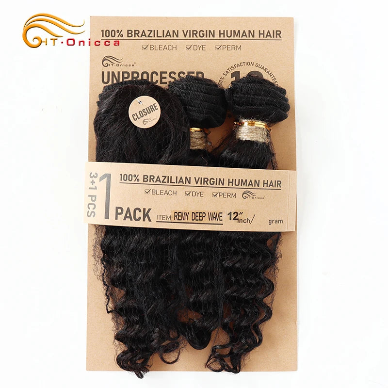 Kinky Curly Human Hair Bundles Short Brazilian Hair Weaves 3 Bundles With Closure Natural Black Curly Bundles With Closure