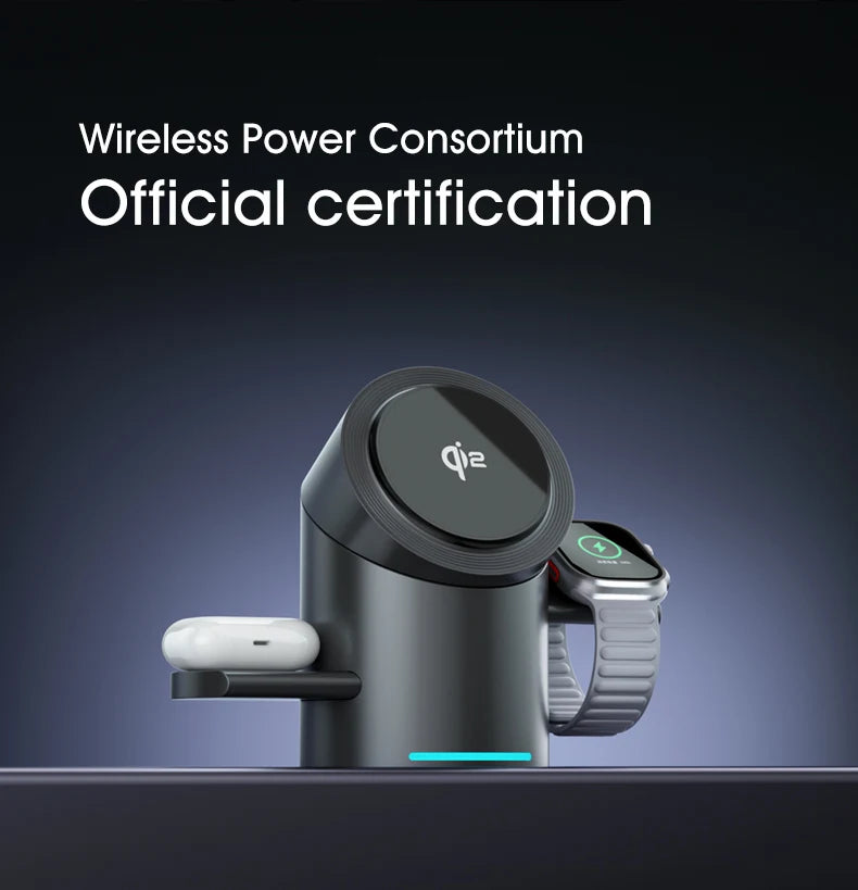 Chargeur sans fil magnétique intelligent Qi2 3 en 1 de 15 W avec rotation automatique pour Android, iPhone, iWatch et AirPods, station de charge rapide MagSafe