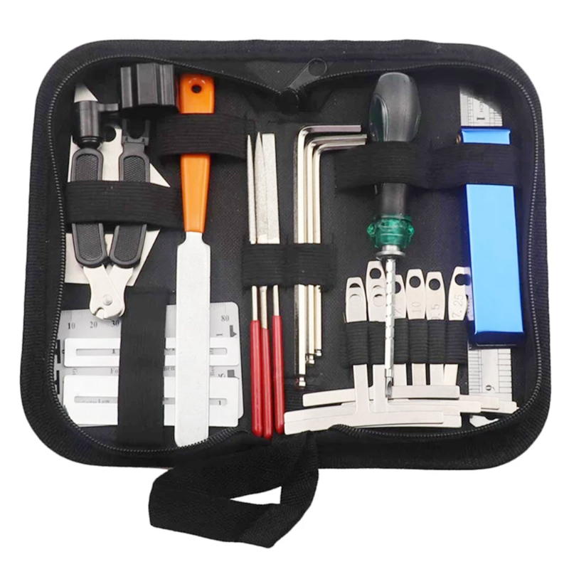 Kit d'outils pour l'entretien et la réparation de guitare : organiseur de cordes, règle de réglage de l'action des cordes, outil de mesure, jeu de clés hexagonales, limes, embouts
