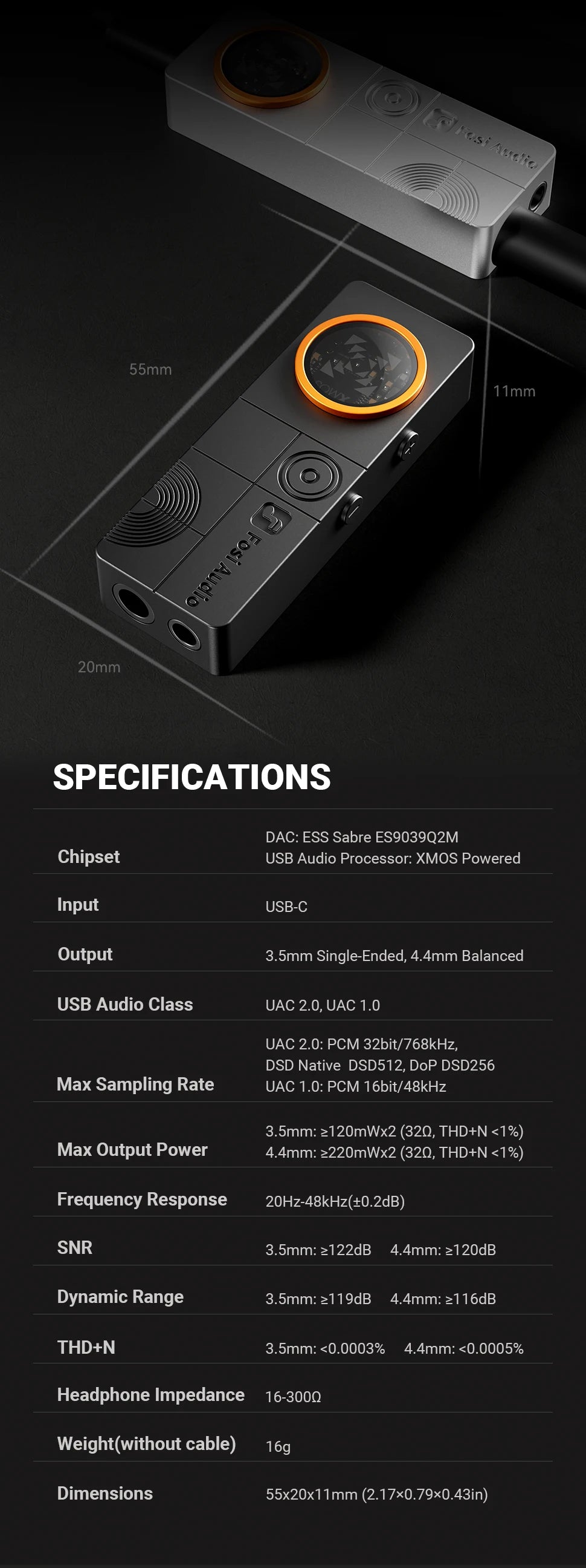 Amplificateur casque Hi-Fi portable Fosi Audio DS3 DAC avec dongle DAC XMOS XU316 DSD512 et sortie jack symétrique 4,4 mm/3,5 mm.