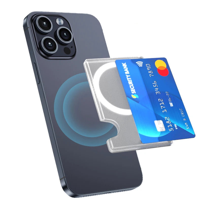 Étui portefeuille magnétique transparent avec porte-cartes pour coque MagSafe, compatible iPhone 15 Pro Max, 14 Plus, 13 et Samsung S24 Ultra. Emplacements pour cartes magnétiques.
