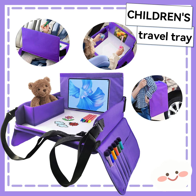 Plateau de voyage pour enfant en voiture, table de rangement pour jouets, tableau à dessin, plateau de sécurité, porte-boissons, activités pour les voyages en voiture