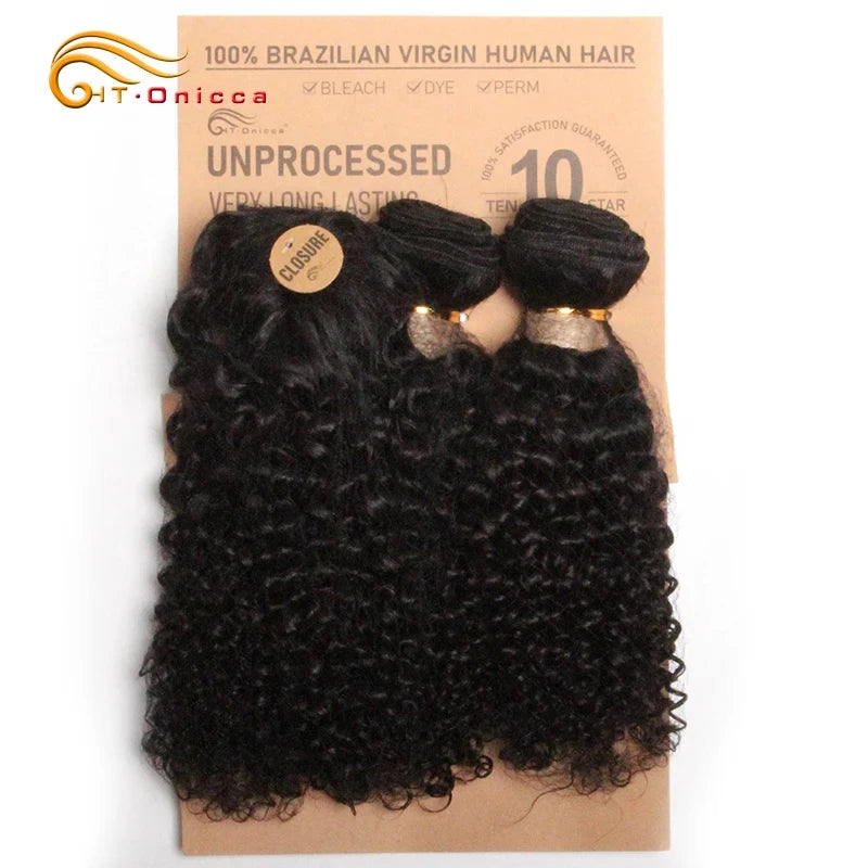 Kinky Curly Human Hair Bundles Short Brazilian Hair Weaves 3 Bundles With Closure Natural Black Curly Bundles With Closure